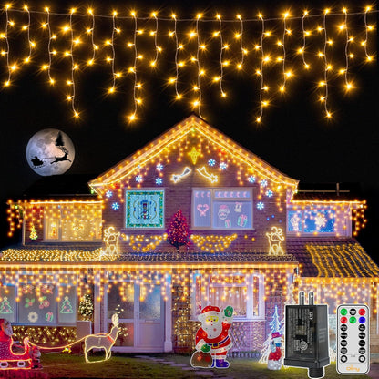 Ollny Icicle Lights for Outside 720LED 60FT, Warm White Christmas Lights with Remote 8 Modes