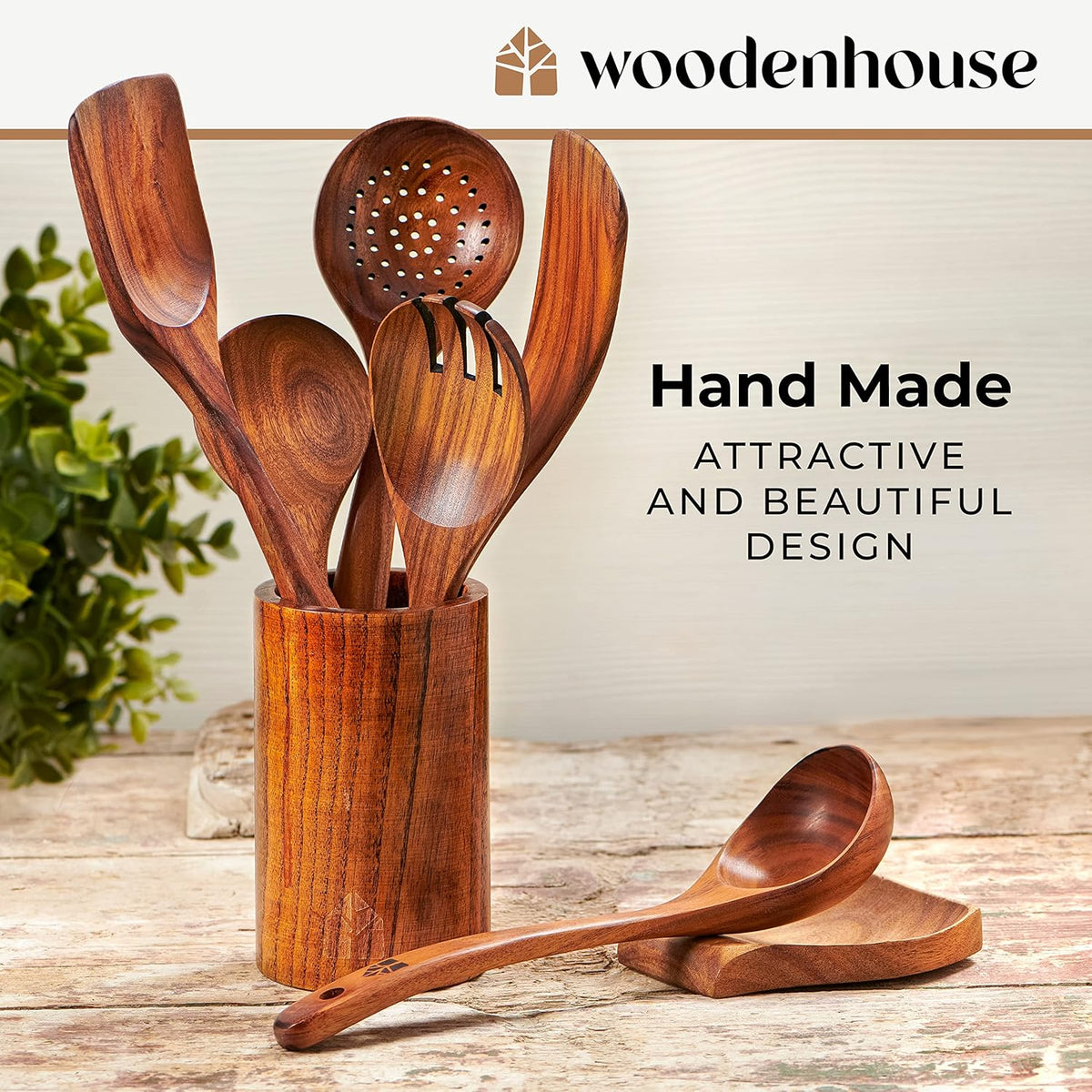 8 Pcs Teak Wooden Utensil Set with Holder, Spoon Rest & 6 Hooks - Durable Wooden Spoons for Cooking