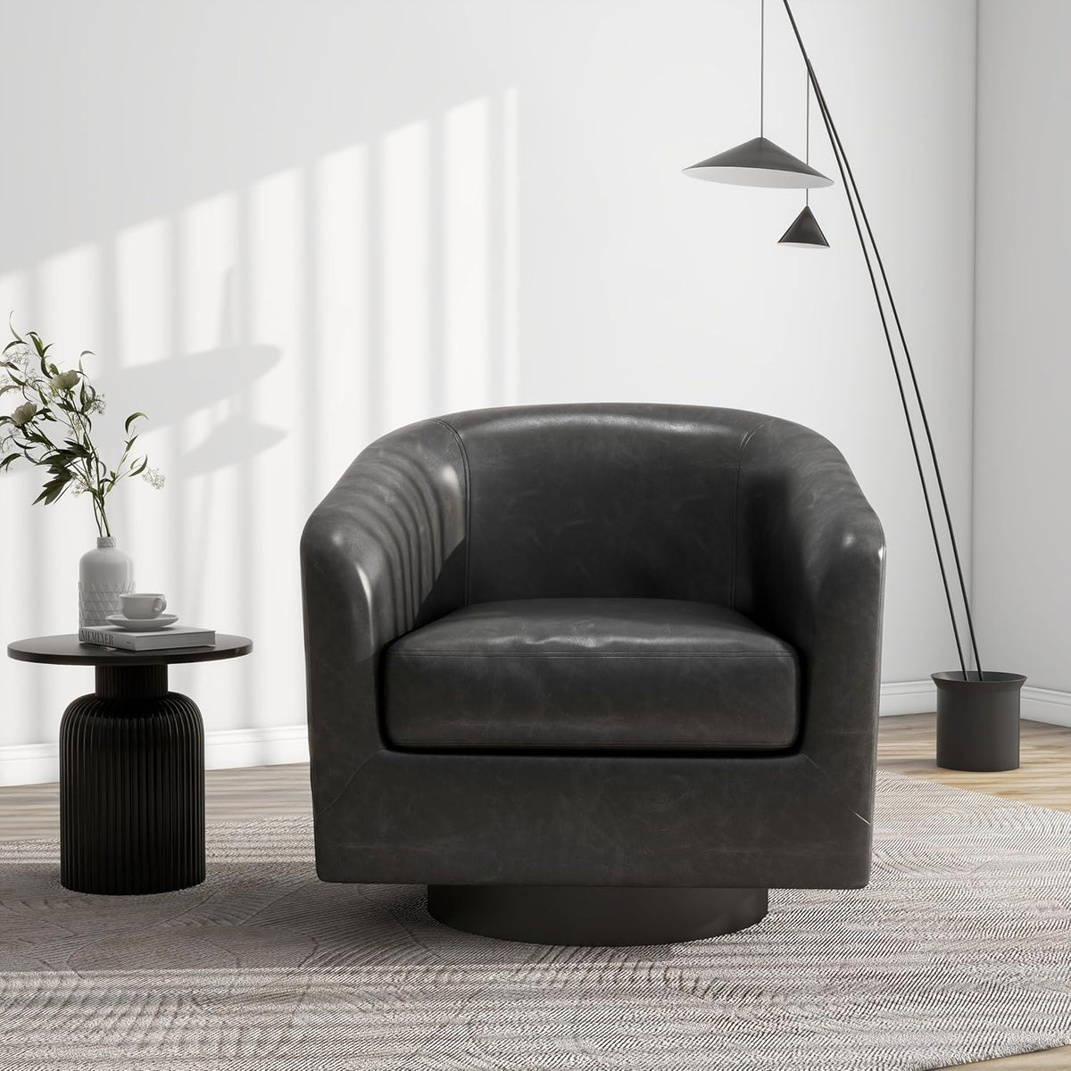 Swivel Barrel Accent Chair, Modern Round Faux Leather Arm Chair for Living Room, Bedroom, Comfy