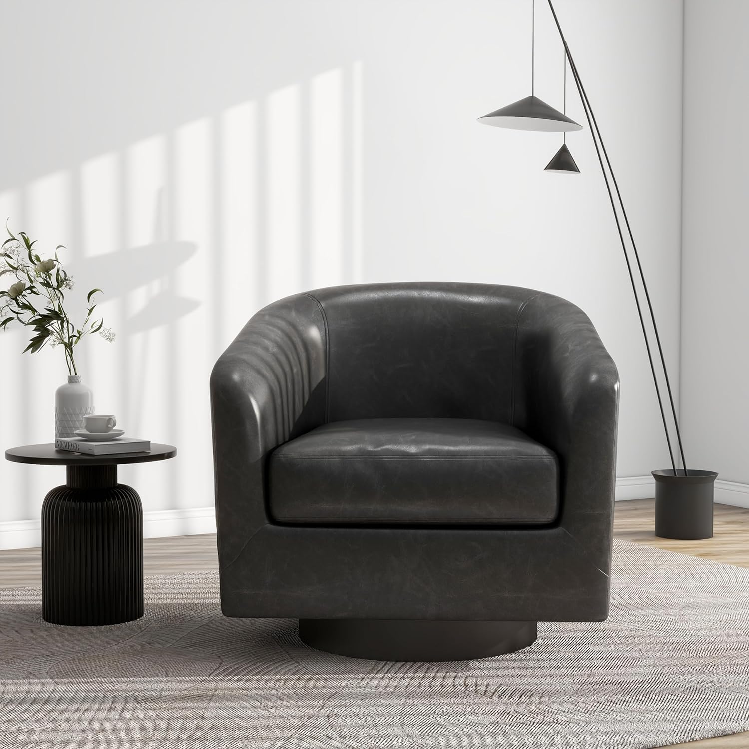 Swivel Barrel Accent Chair, Modern Round Faux Leather Arm Chair for Living Room, Bedroom, Comfy