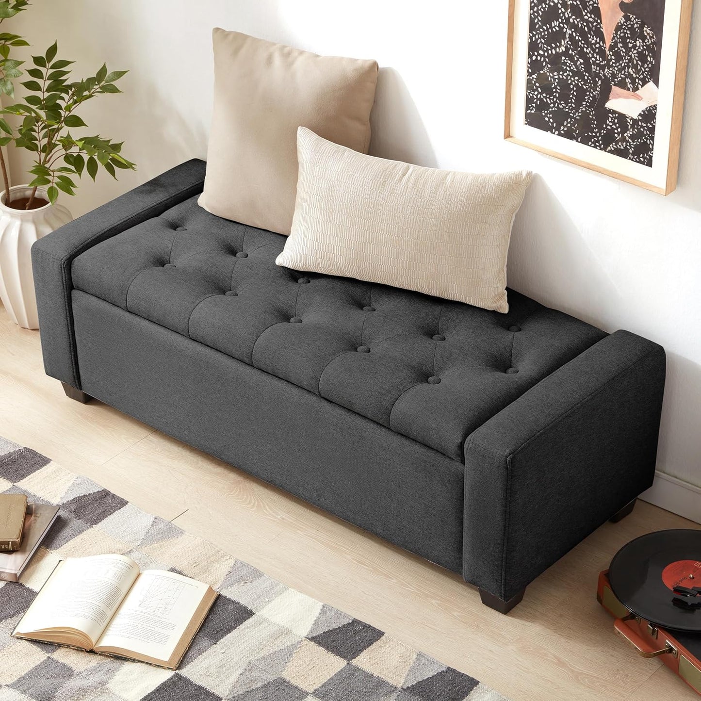 48" Ottoman with Storage, Storage Ottoman Bench with Safety Hinge, Upholstered Entryway Bench with