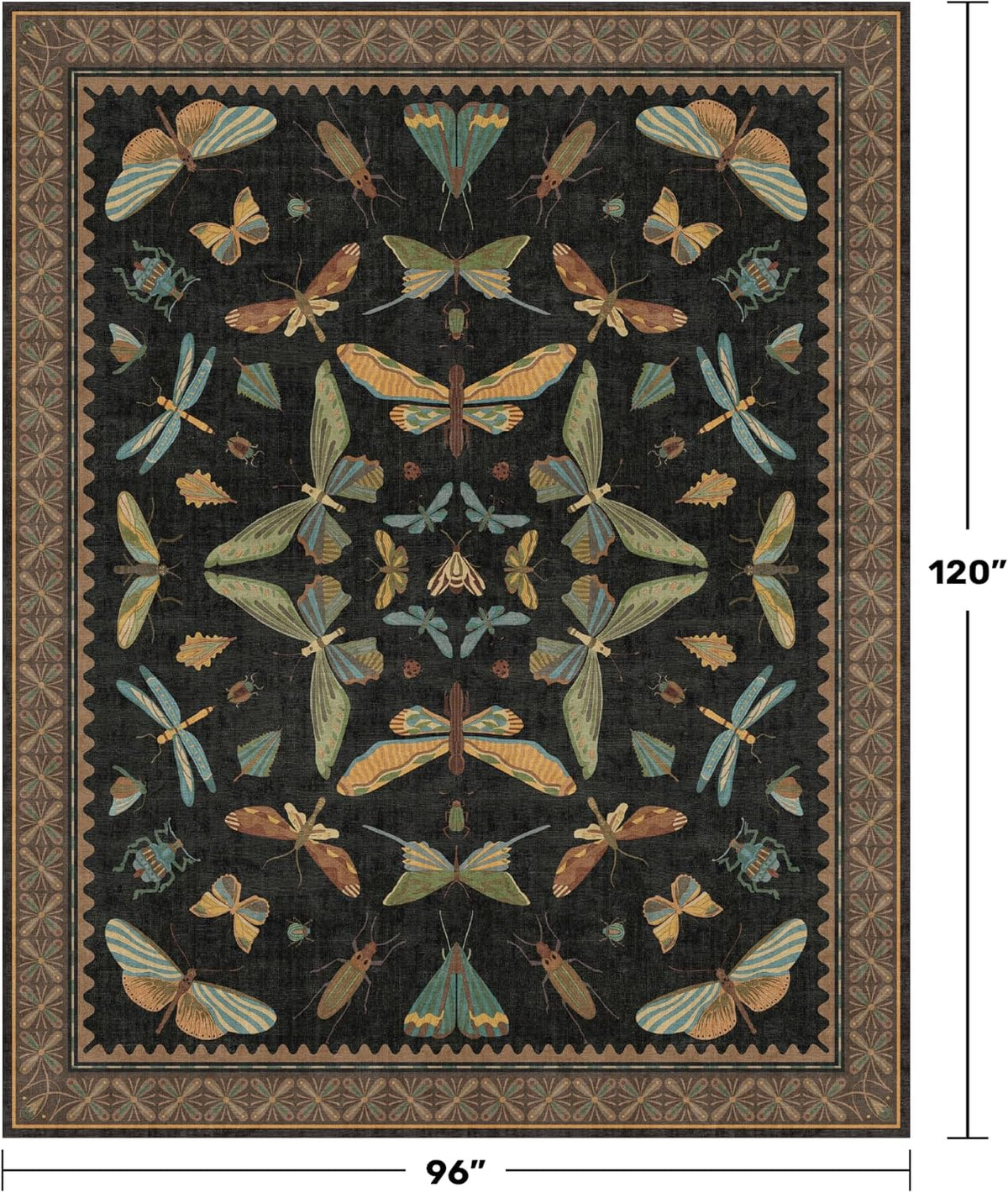 Black Washable Insect Area Rugs 8x10 - Bug, Dragonfly, Bee, Moth, Butterfly Print Rugs for Living