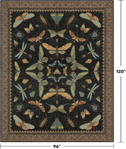 Black Washable Insect Area Rugs 8x10 - Bug, Dragonfly, Bee, Moth, Butterfly Print Rugs for Living