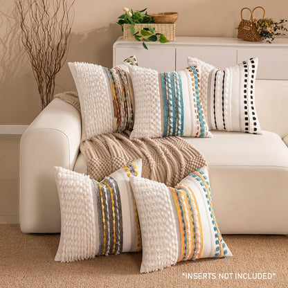 Boho Chenille Tufted Couch Throw Pillow Covers 18x18 Inch Set of 2 Farmhouse Striped Decorative
