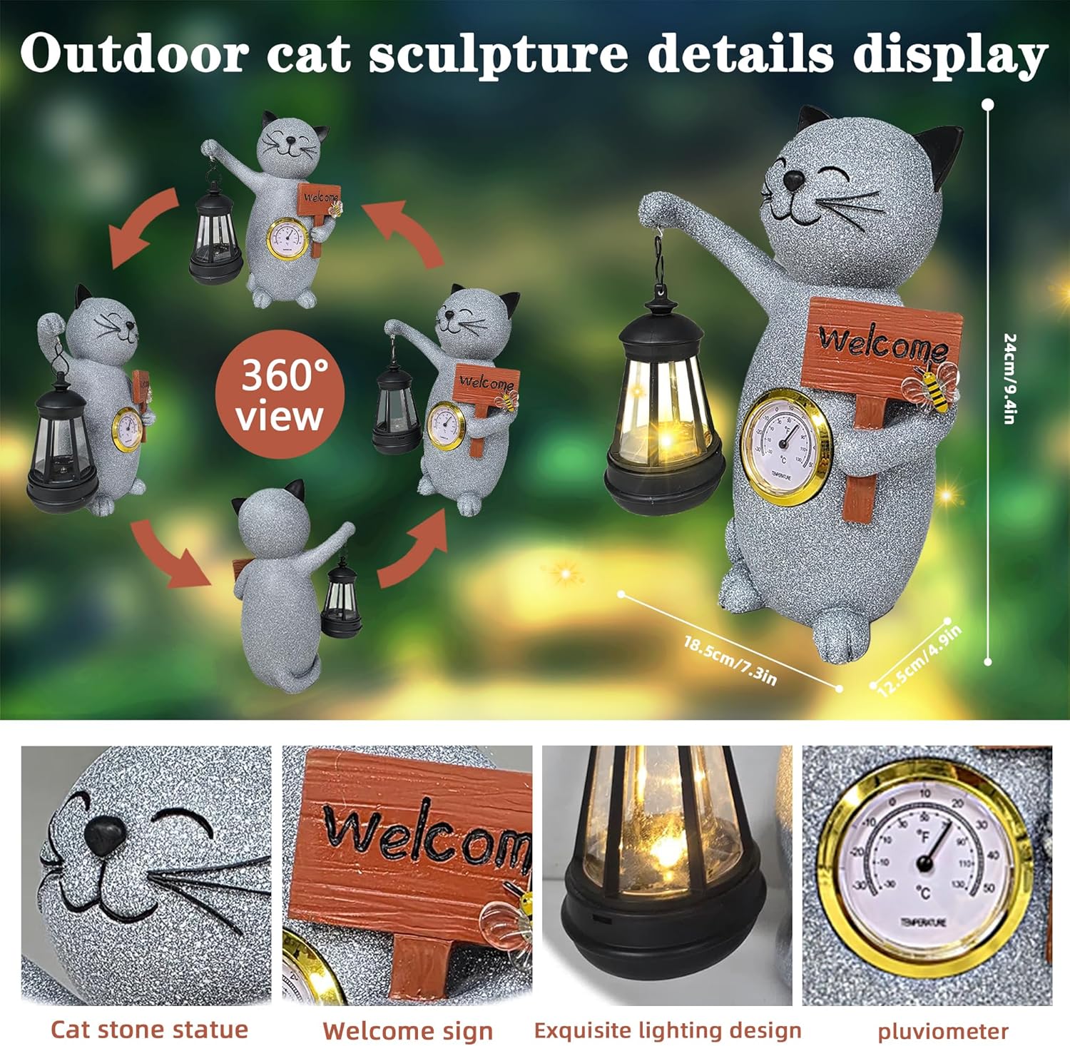 Solar Cat Outdoor Statues for Garden-Creative Thermometer-Lantern-Welcome Sign, Suitable for Yard