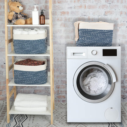 White and Blue Cotton Rope storage Basket Bins Woven Basket for Organizing Shelves 14.5X9.5X9.3“