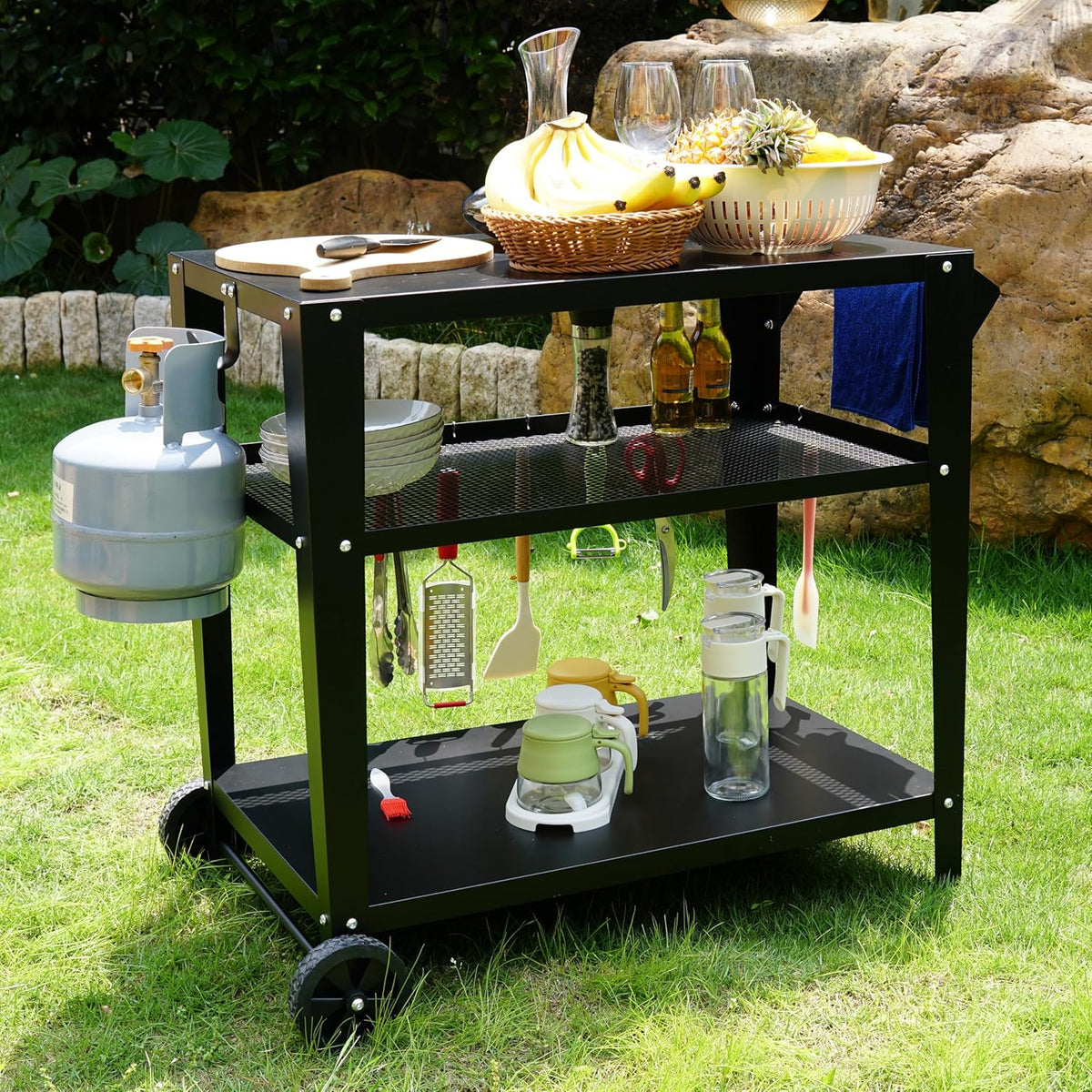 Black Outdoor Grill Cart with Wheels, Heavy-Duty 3-Tier BBQ Prep Table for Pizza Oven, Griddle
