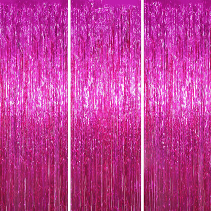 3 Pack 3.3x8.2 Feet Pink Foil Fringe Backdrop Curtains, Tinsel Streamers Birthday Party