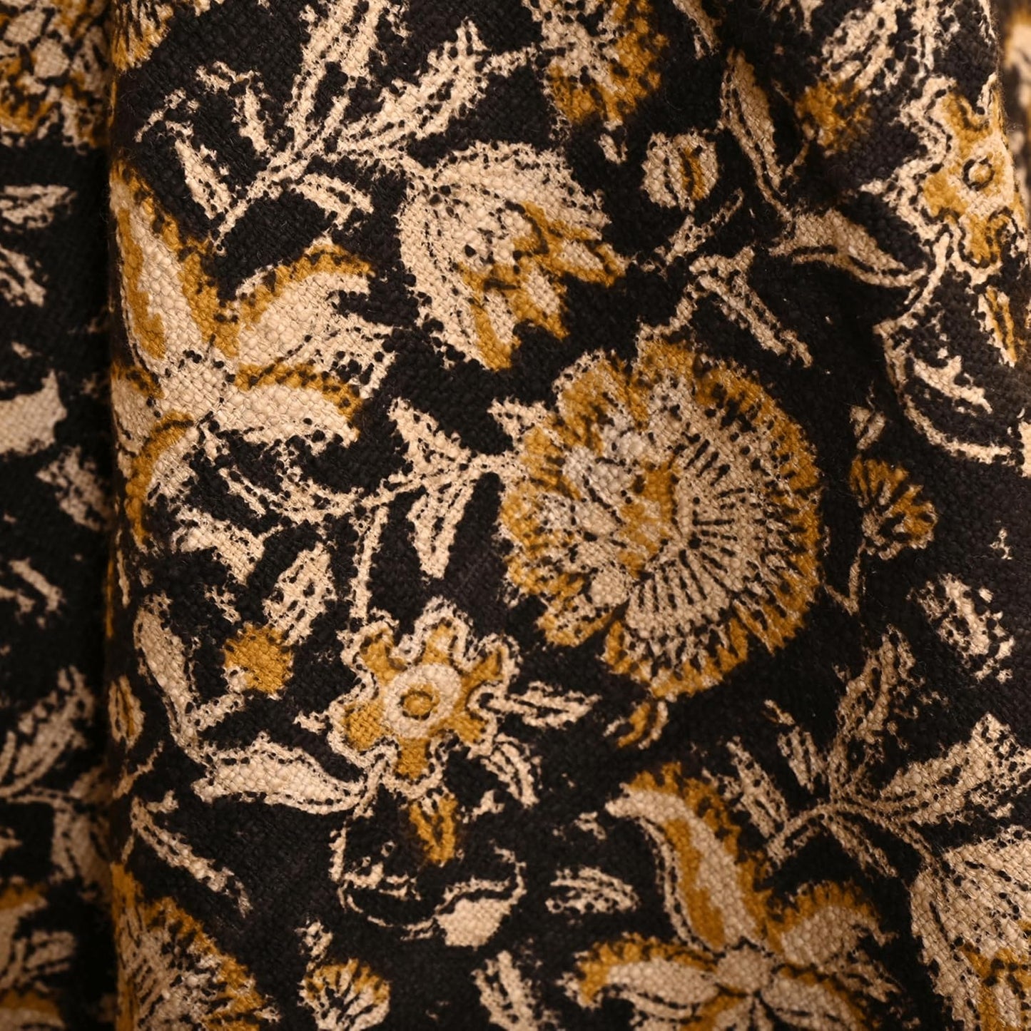 Bohemian Floral Cotton Throw Blanket with Tassels | 48x70 Inch Handblock Printed Sofa Throw | Black