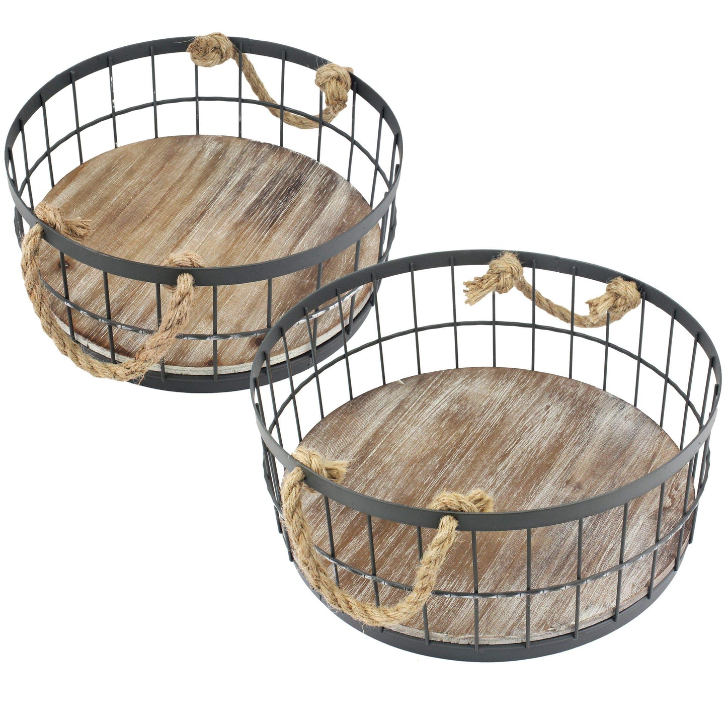 Stonebriar 2pc Round Stackable Metal Wire and Wood Basket Set with Rope Handles, Rustic Decor for