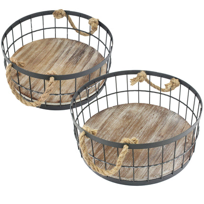 Stonebriar 2pc Round Stackable Metal Wire and Wood Basket Set with Rope Handles, Rustic Decor for
