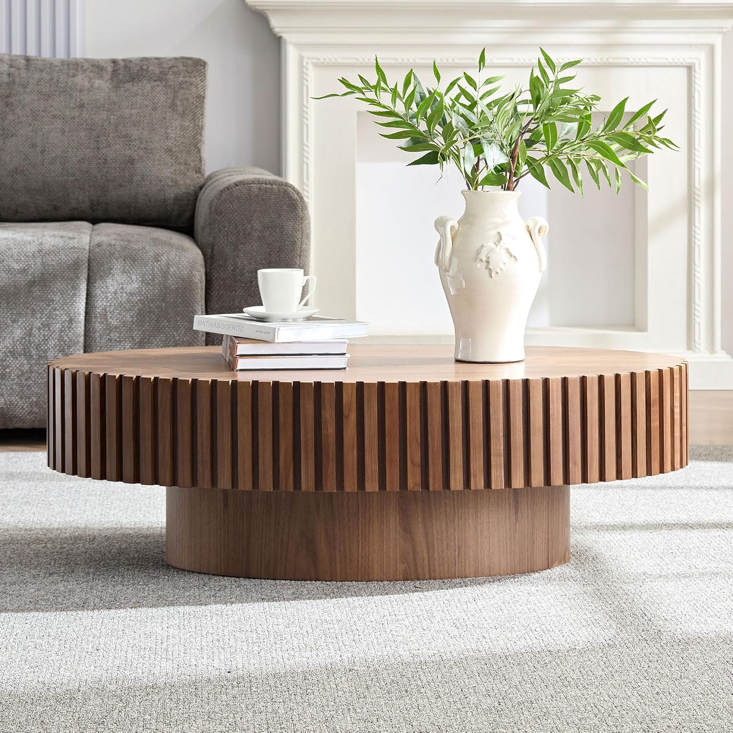 Oval Coffee Table for Living Room, Modern Fluted Coffee Tables with Pedestal Base, Handcrafted