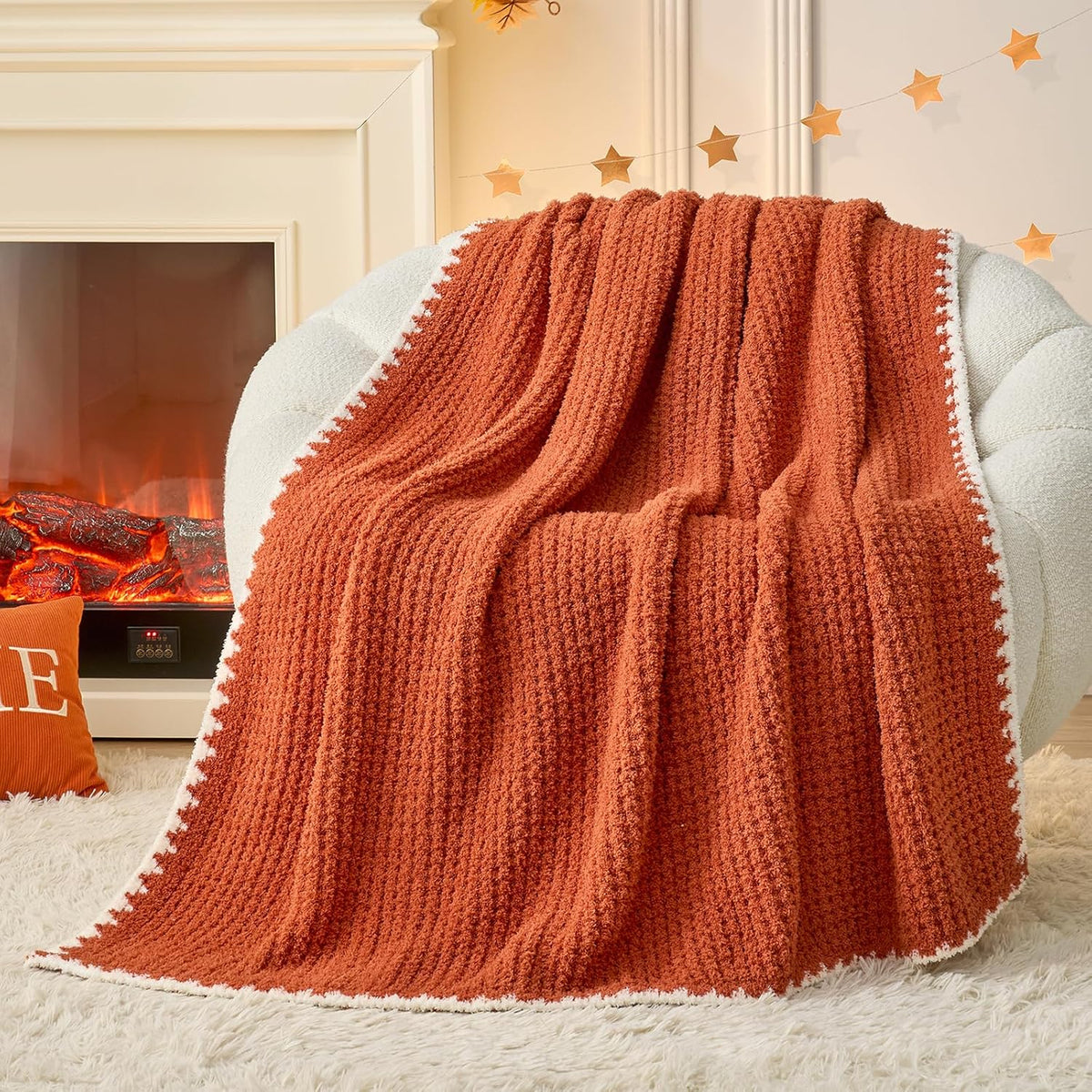 Snuggle Sac Orange Waffle Throw Blanket for Couch Bed Sofa 50x60 inches, Reversible Blanket
