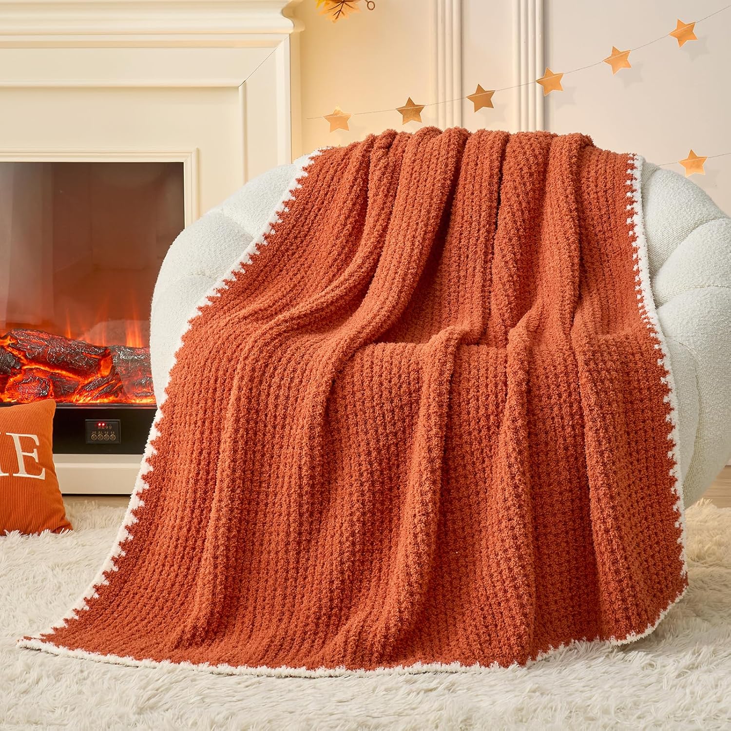 Snuggle Sac Orange Waffle Throw Blanket for Couch Bed Sofa 50x60 inches, Reversible Blanket