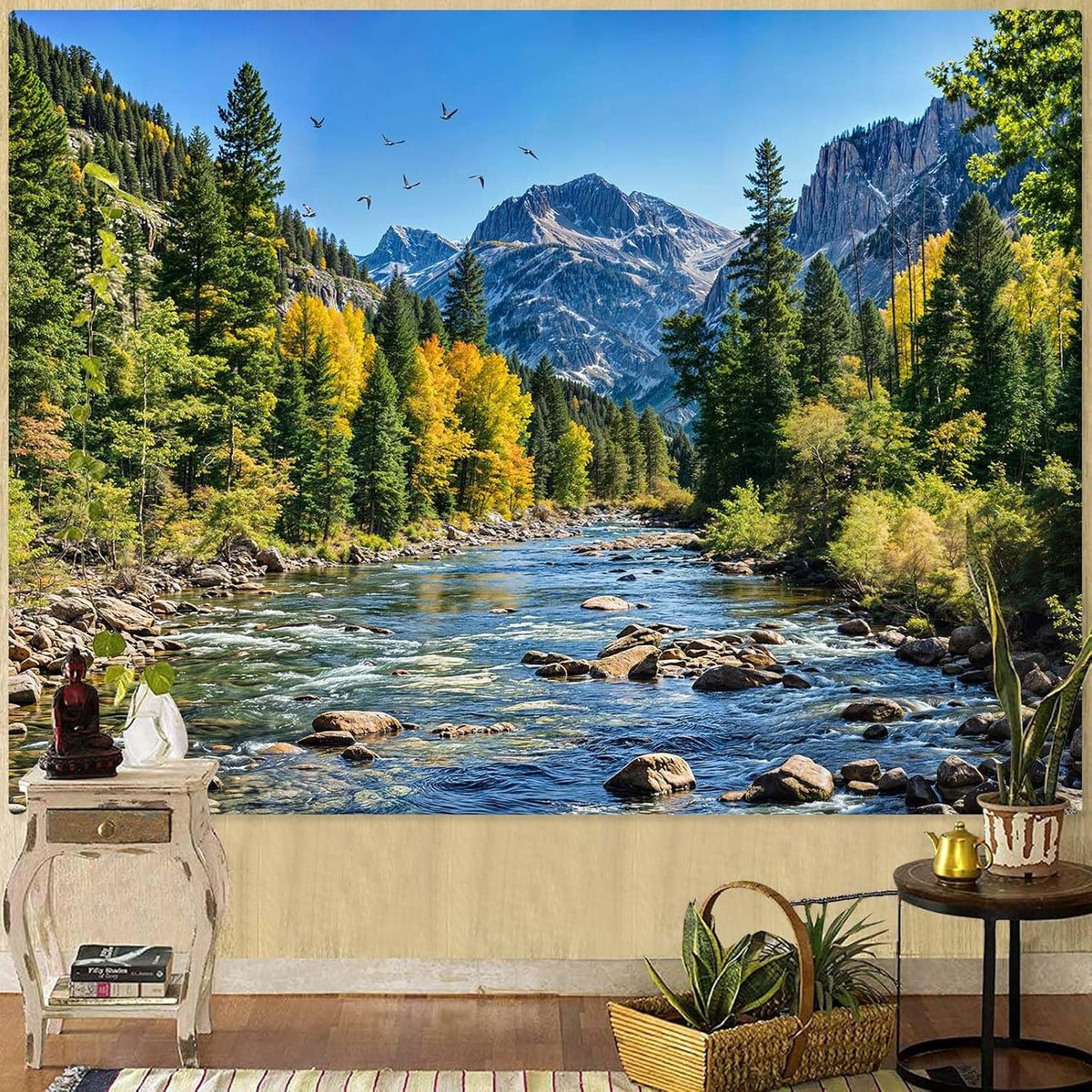 AMM Nature Forest Mountain Tapestry Green Pine Tree Tapestry for Bedroom Aesthetic Flowing River