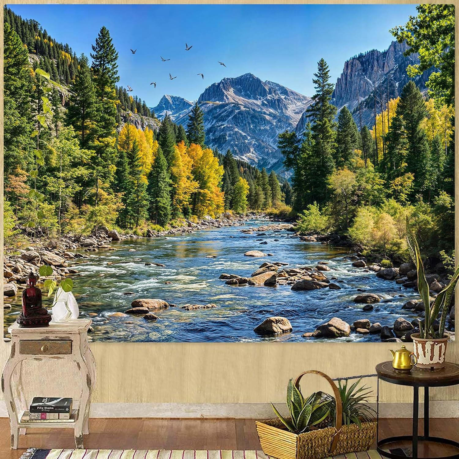 AMM Nature Forest Mountain Tapestry Green Pine Tree Tapestry for Bedroom Aesthetic Flowing River