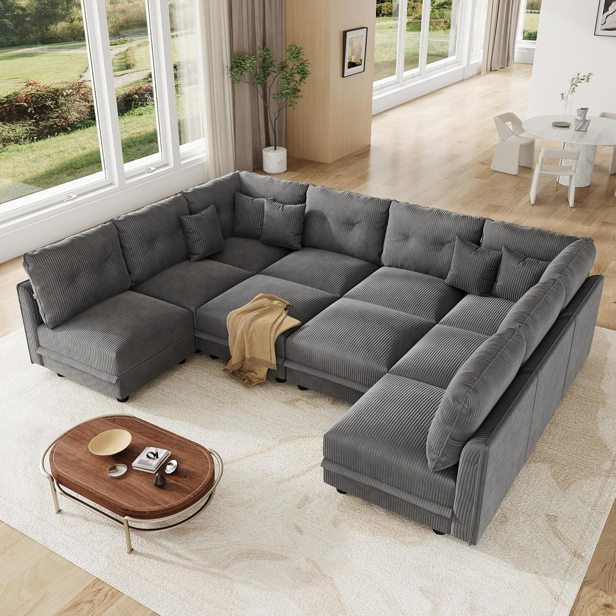 LLappuil Large Modular Sectional Sofa with Storage Seats, Corduroy U-Shaped Convertible Couch for