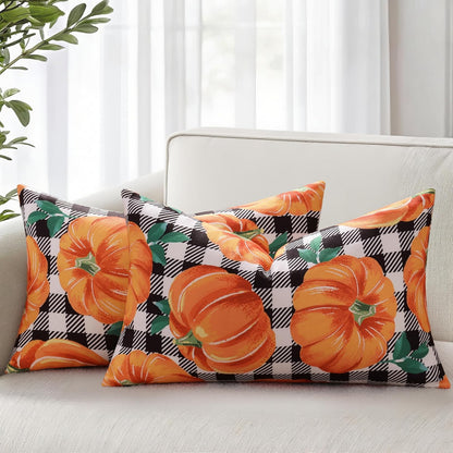 decorUhome Fall Orange Pumpkin Decorative Throw Pillow Covers 12x20 Set of 2, Lumbar Buffalo Plaid