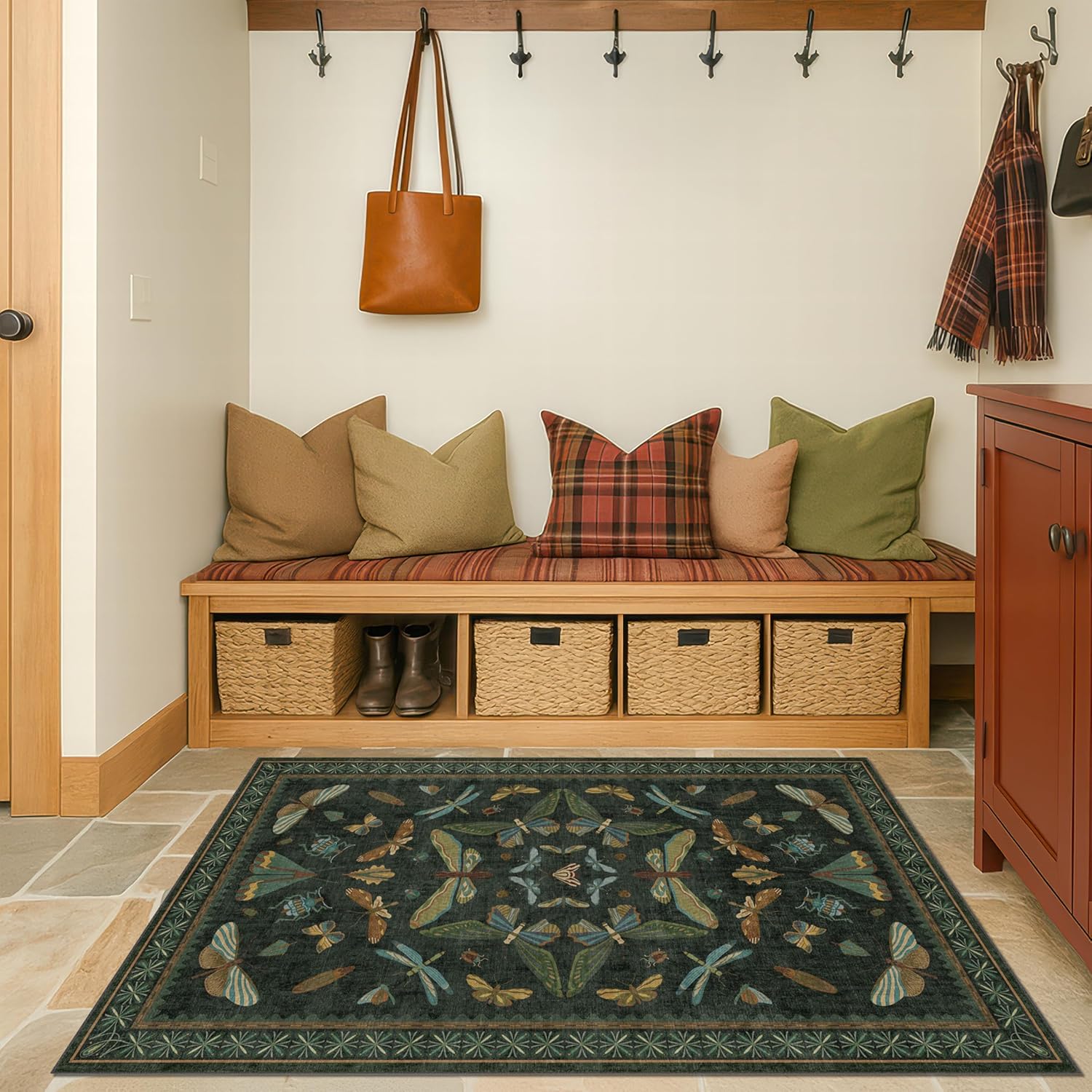 Green and Black Entryway Rug - 3x5 Throw Rug for Large Kitchen, Entry Way, Mudroom, Dark Unique
