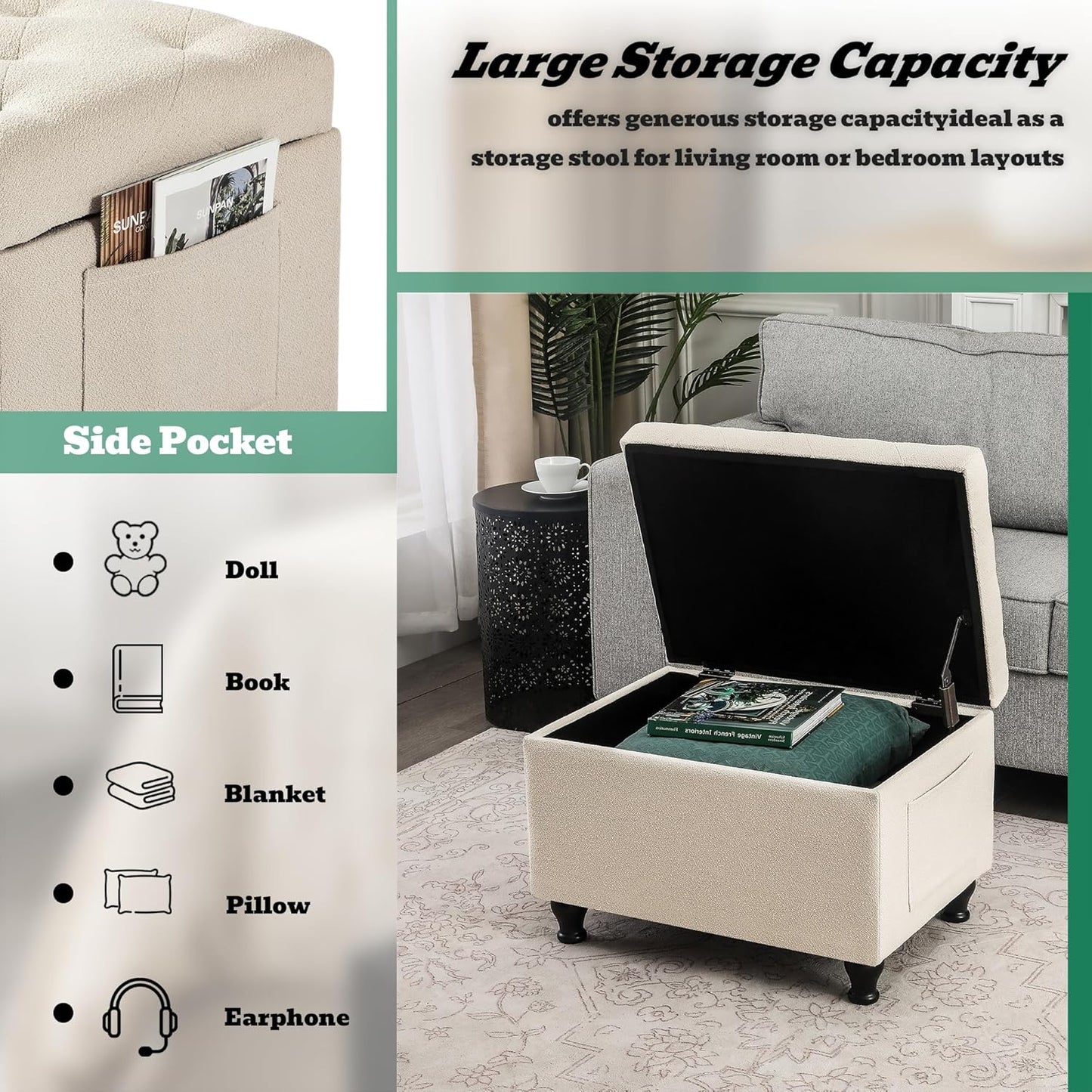 Ottoman with Storage 24'' Storage Ottomans Fabric Ottoman Footstools Small Upholstered Foot Rest