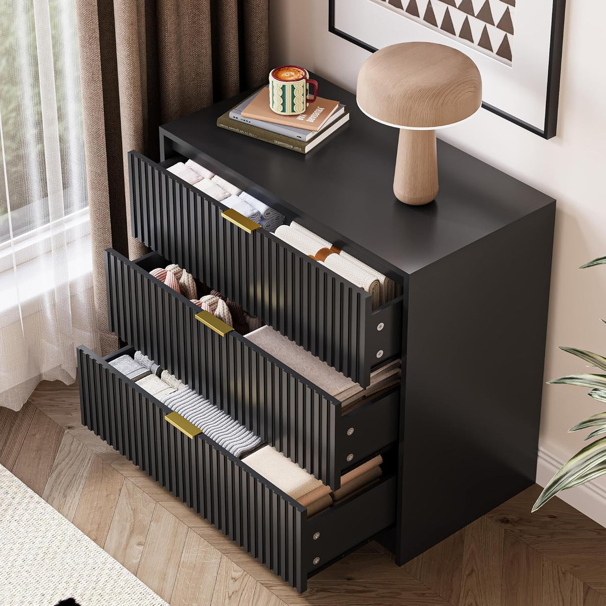 Black Fluted Dresser for Bedroom, 32 Inch Wide Nightstand with Large Drawer, 3 Drawer End Table for