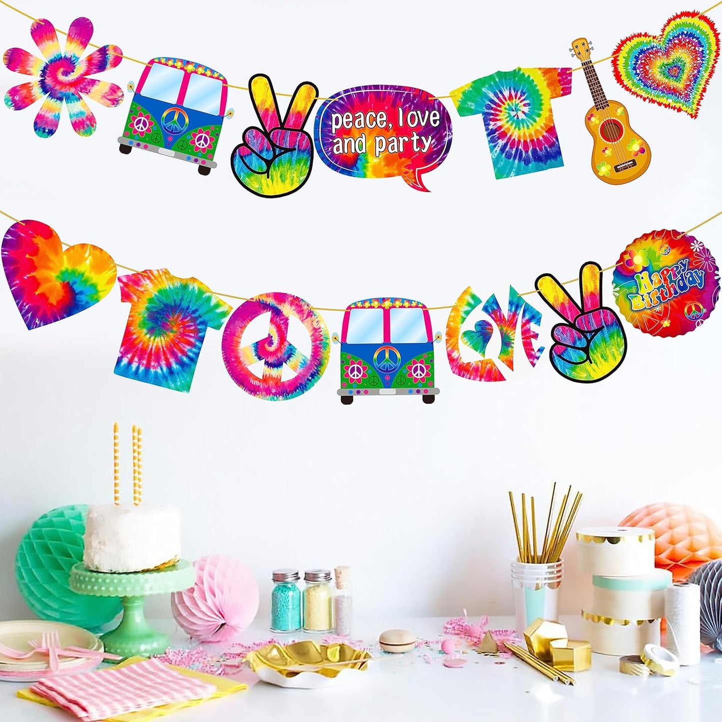 2pcs Tie Dye Birthday Banner Tie Dye Birthday Party Supplies Tie Dye Party Garland Decorations for