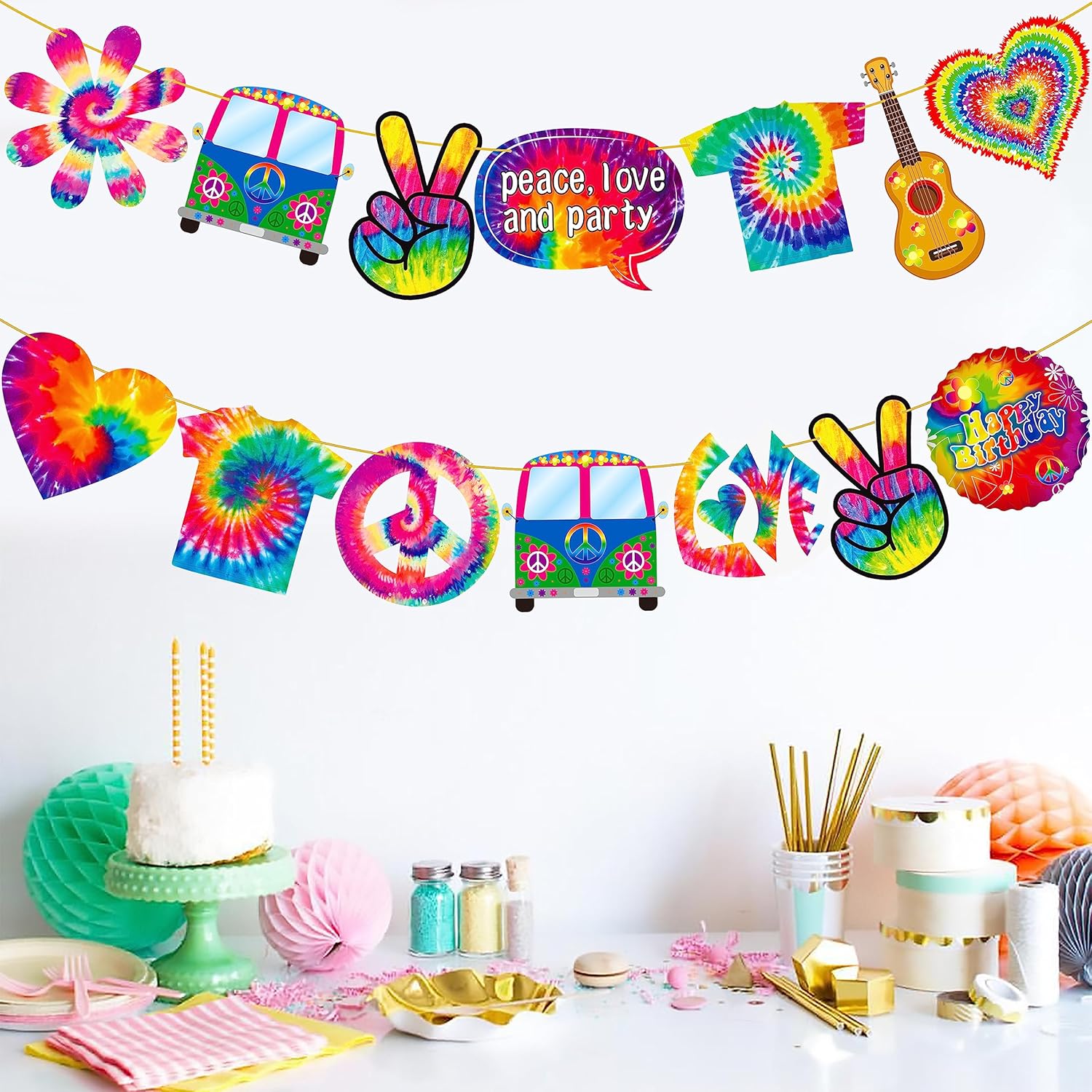2pcs Tie Dye Birthday Banner Tie Dye Birthday Party Supplies Tie Dye Party Garland Decorations for