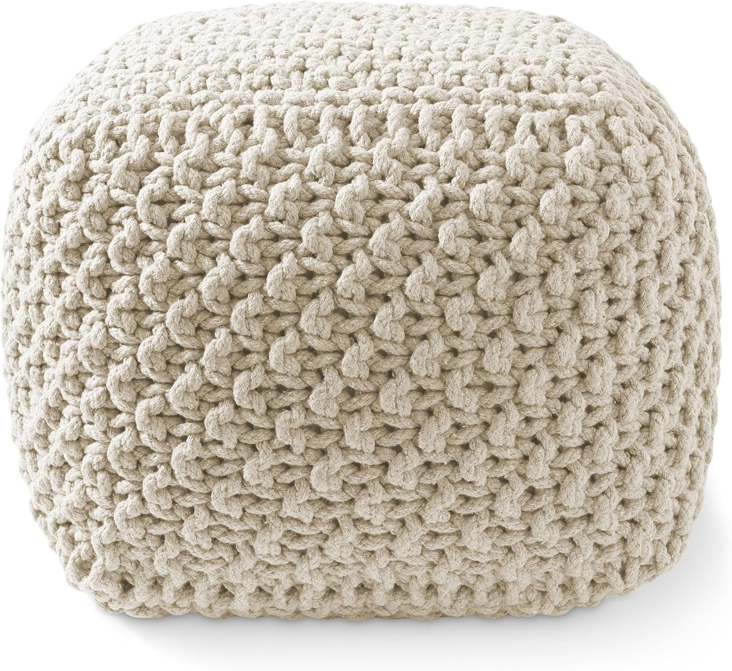 Casafield Square Pouf Ottoman, Natural - 18.5" W x 18.5" D x 14.5" H Cotton Knit Foot Stool - Boho