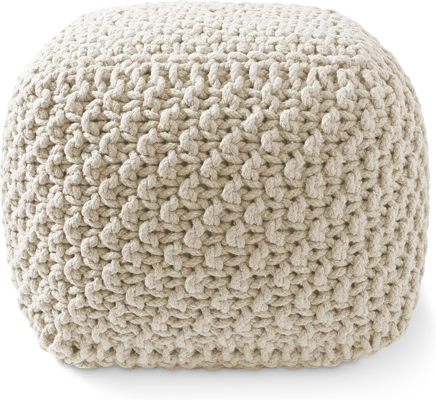 Casafield Square Pouf Ottoman, Natural - 18.5" W x 18.5" D x 14.5" H Cotton Knit Foot Stool - Boho