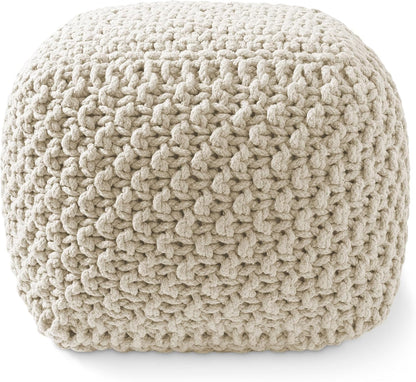 Casafield Square Pouf Ottoman, Natural - 18.5" W x 18.5" D x 14.5" H Cotton Knit Foot Stool - Boho