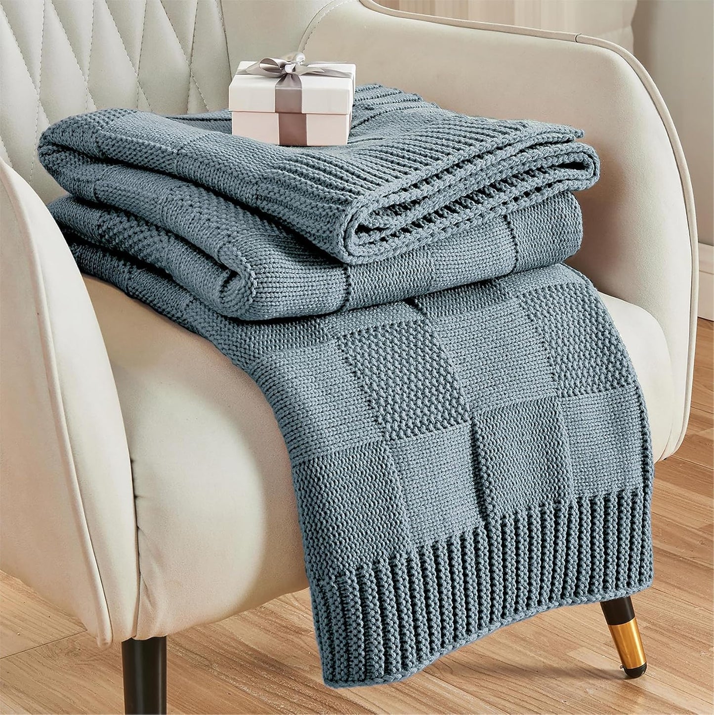 CozeCube Check Knit Throw Blanket, Dusty Blue Checkered Throw for Couch, Decorative Christmas Soft