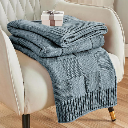 CozeCube Check Knit Throw Blanket, Dusty Blue Checkered Throw for Couch, Decorative Christmas Soft