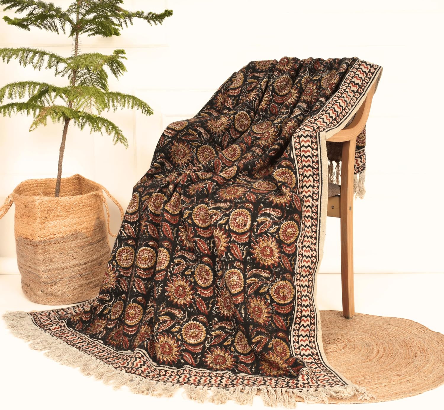 Bohemian Mud Cloth Handmade Throw with Tassels - 120x180 CM Handblock Printed Floral Cotton