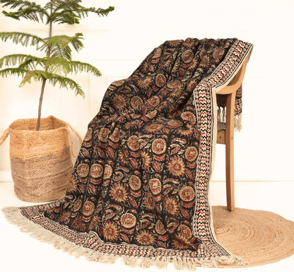 Bohemian Mud Cloth Handmade Throw with Tassels - 120x180 CM Handblock Printed Floral Cotton