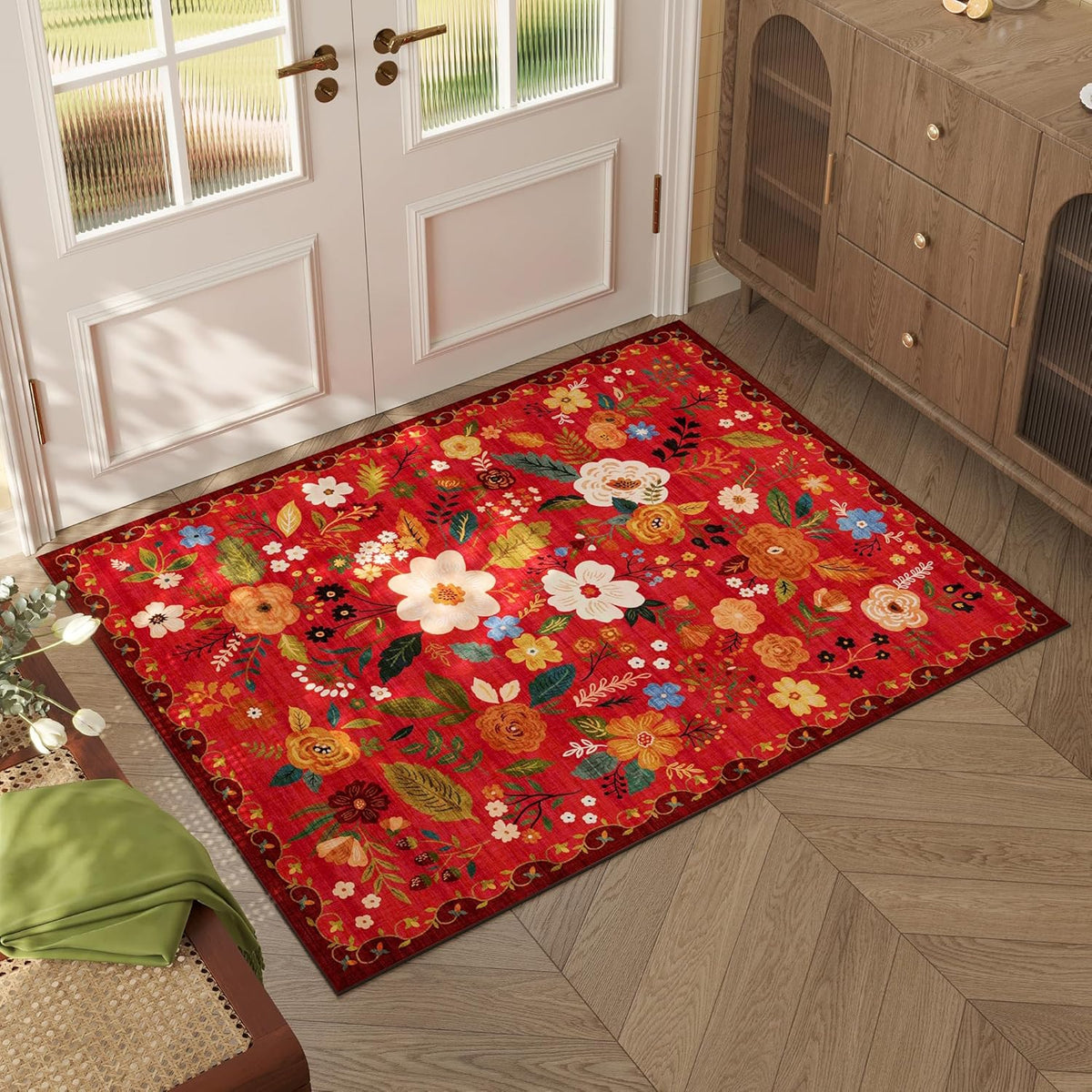 Door Mat Indoor Entrance 2x3 Rug Machine Washable Boho Floral Small Area Rug Non-Slip Low Pile