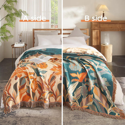 Boho Throw Blanket for Bed 60”x80”, 100% Cotton Woven Blanket for Couch Sofa, Ultra Soft 4-Layer