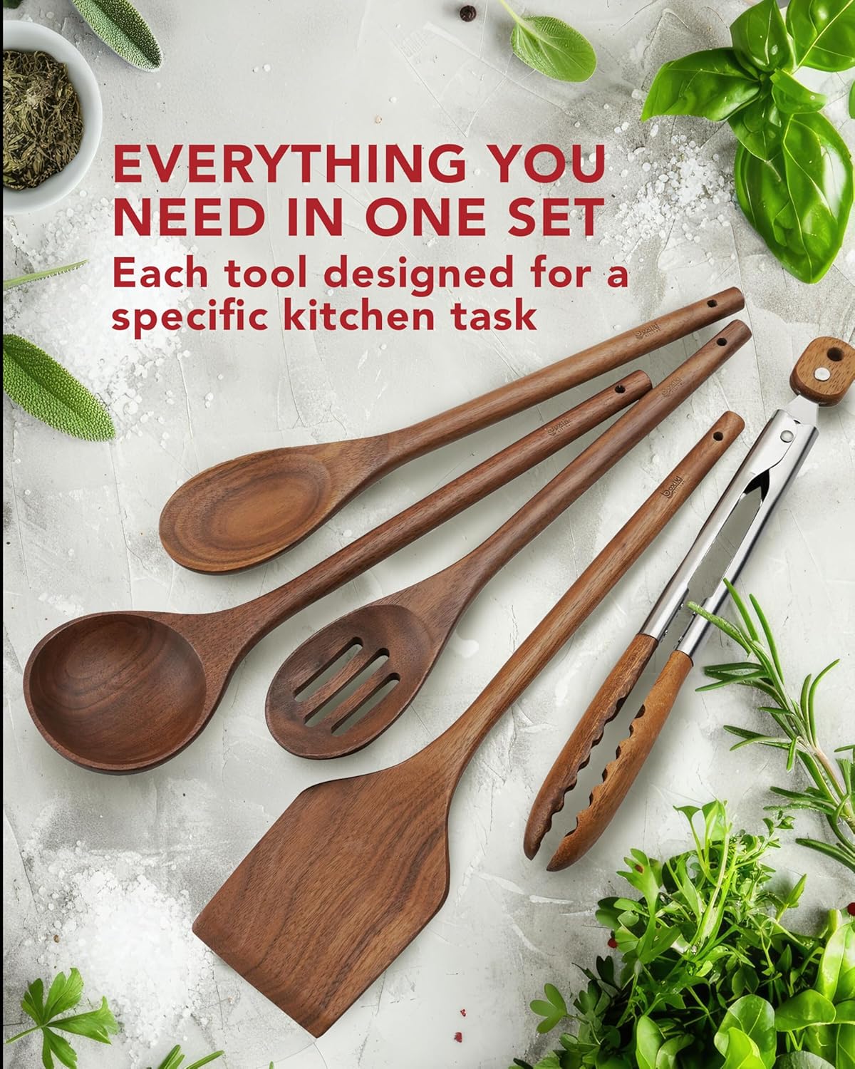 Elegant 5-Piece Walnut Wood Kitchen Utensil Set – Non-Scratch, Heat-Resistant Cooking Utensil Set