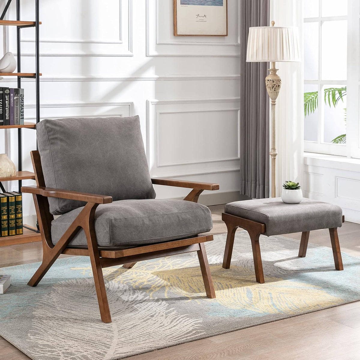 chairus Mid-Century Modern Accent Chair with Ottoman, Linen Fabric Armchair with Wood Legs Comfy