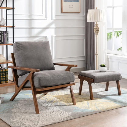 chairus Mid-Century Modern Accent Chair with Ottoman, Linen Fabric Armchair with Wood Legs Comfy