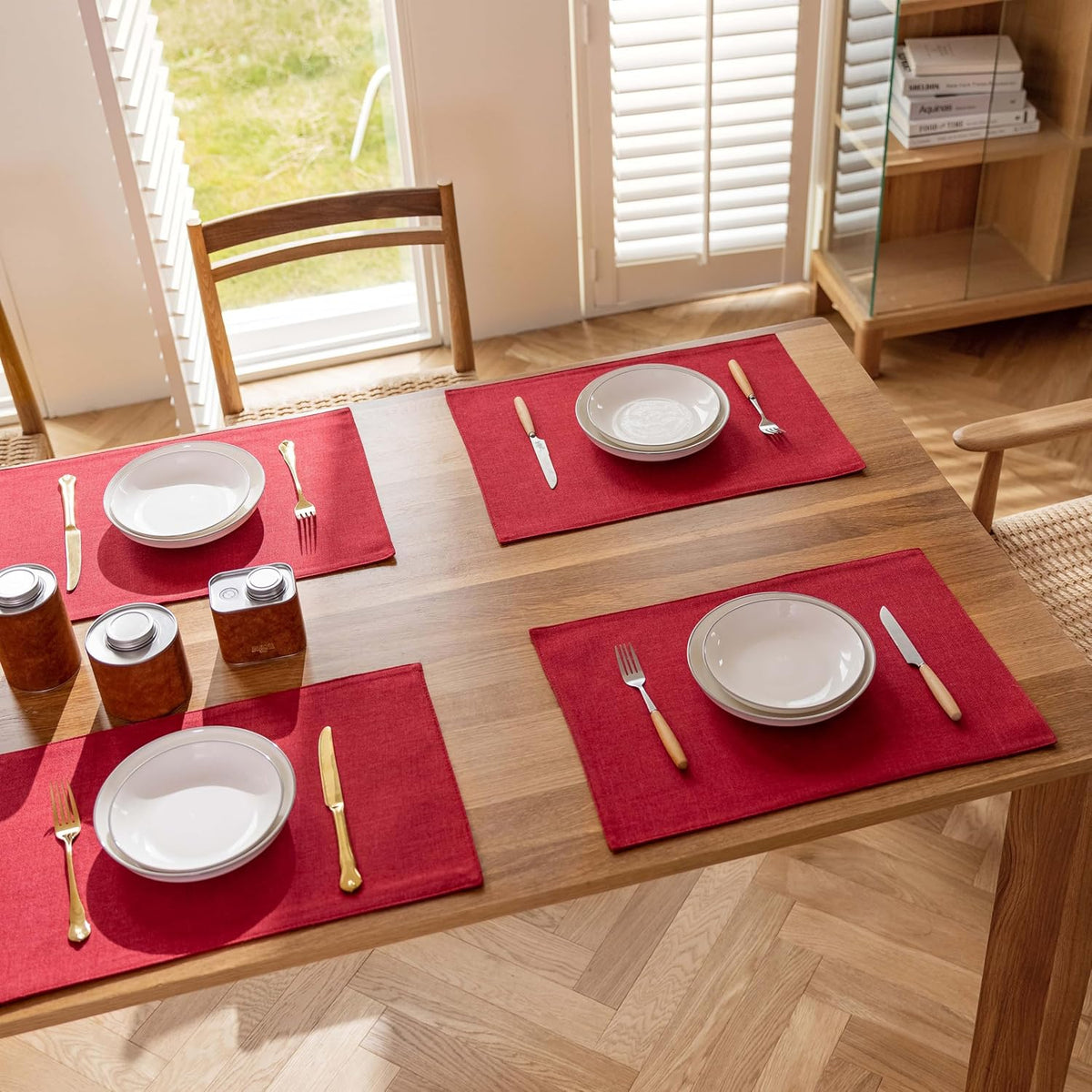 Demetex Christmas Placemats Set of 4 Heat Resistant Red Linen Place Mats Wipeable Cloth Placemats