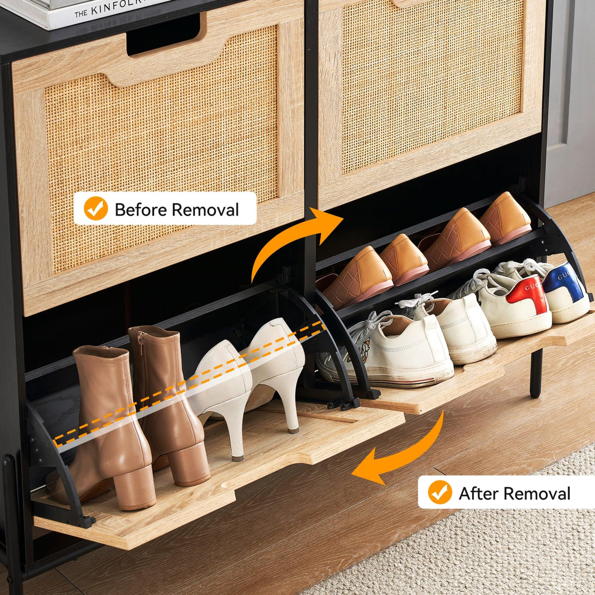 GAOMON Natural Rattan 4 Flip Door Shoe Rack Storage Cabinet, Shoe Cabinet Organizer Freestanding