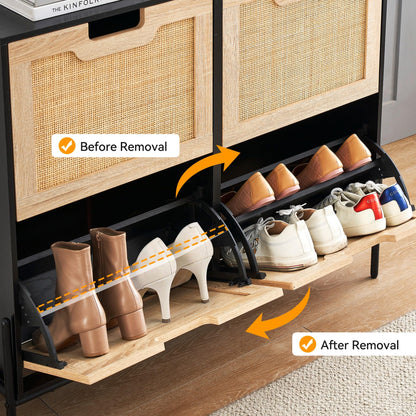 GAOMON Natural Rattan 4 Flip Door Shoe Rack Storage Cabinet, Shoe Cabinet Organizer Freestanding
