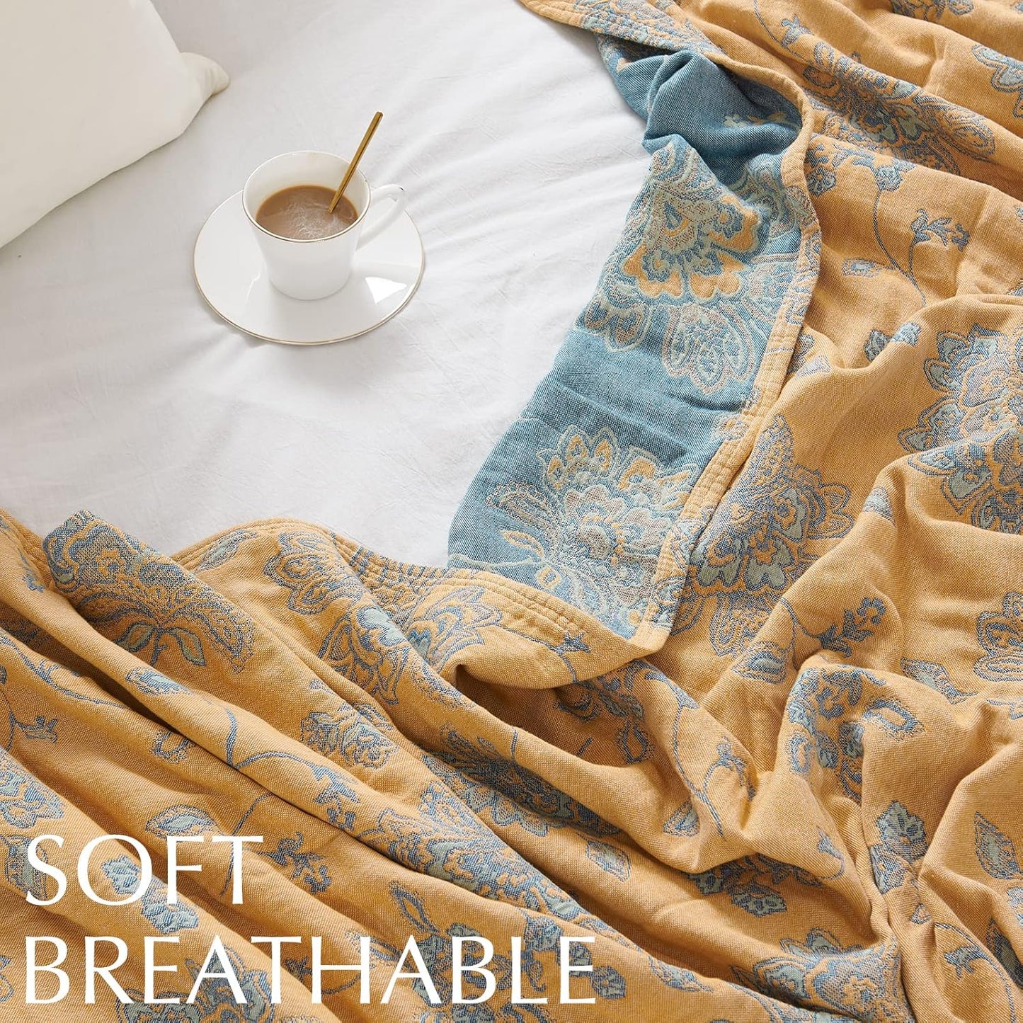 jinchan Boho 100% Cotton Muslin Twin Size 60x80 Inches Blanket Lightweight 4-Layer Quilted Soft