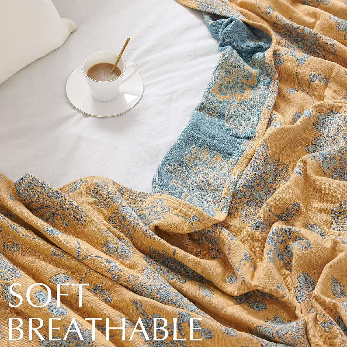 jinchan Boho 100% Cotton Muslin Twin Size 50x60 Inches Blanket Lightweight 4-Layer Quilted Soft