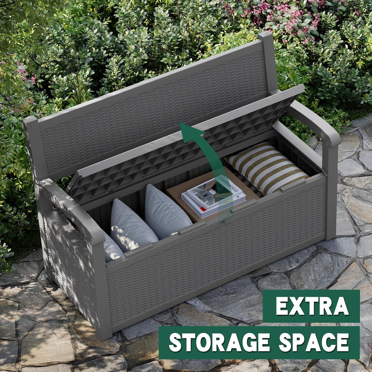70 Gallon Outdoor Storage Bench Deck Box Lockable for Patio Furniture, Outdoor Porch Bench with