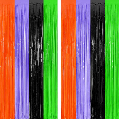 2 Pack Halloween Backdrop, 3.28 FT x 7.05 FT Orange Purple Black Green Party Streamer, Metallic