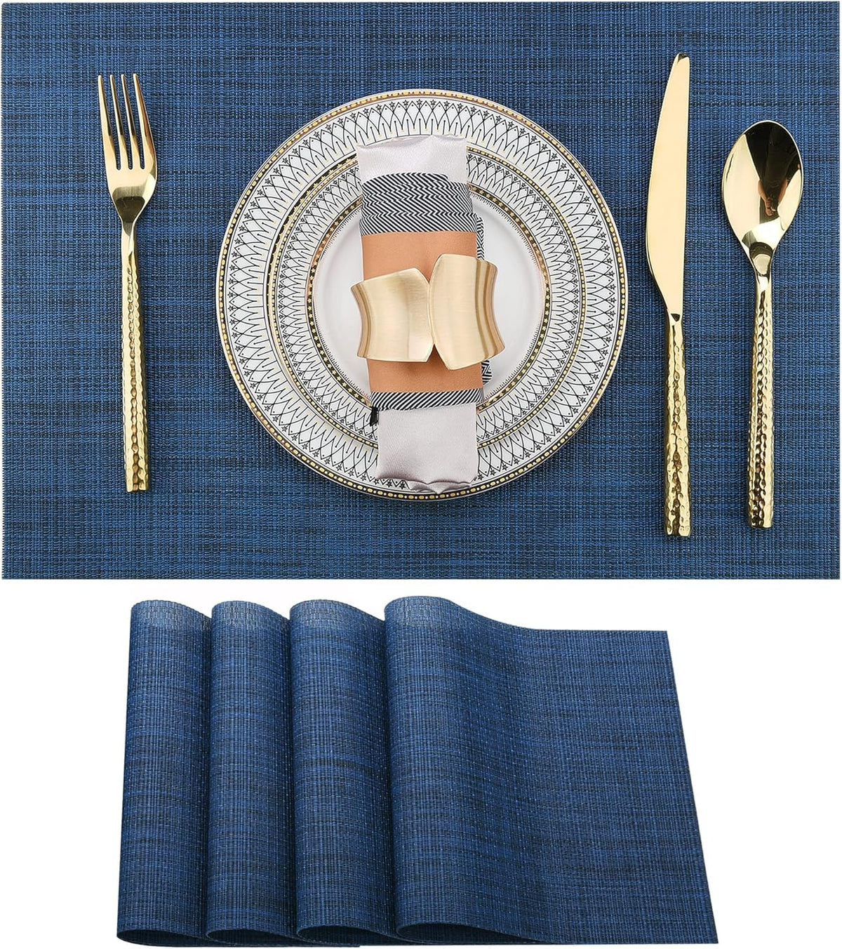 Navy Blue Placemats Set of 4 - Easy Clean Washable Vinyl Placemats - Wipeable Heat Resistant Table