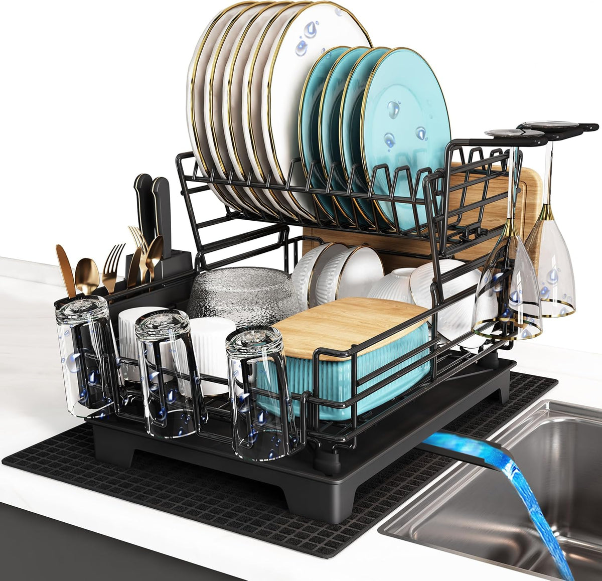 BOOSINY 2 Tier Black Large Stainless Steel Dish Drainers Drying Rack for Kitchen Counter with