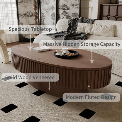 47.2''Oval Coffee Table with Storage, Mid Century Modern Fluted Drum Center Tables with Lid, Solid