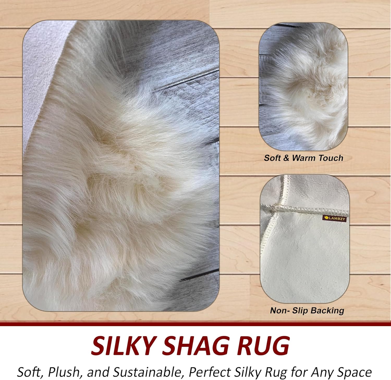 LAMBZY Faux Sheepskin Soft Hypoallergenic Free Shape Silky Shag Rug, Luxury Shaggy Silky Plush
